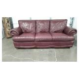 Sofa, brown leather, brass tack trim, 88" long,