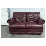 Loveseat, brown leather, brass tack trim, 66"