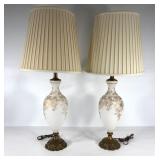Pair metal and glass table lamps with painted