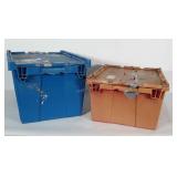 2 storage totes with hinged lids. Pink crate has