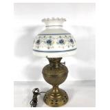 B & H brass hurricane lamp with glass shade,