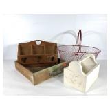 Woodenware decor plus a wire basket, wall