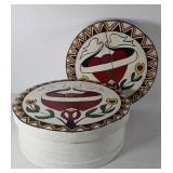 Two painted wooden cheese boxes with dove design,