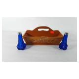 Wooden caddy with cobalt blue salt and pepper