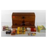 Wooden decor trunk with fire starters and