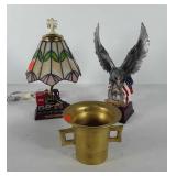 Mixed group includes leaded glass train lamp,