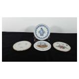 Decorative plate and three porcelain trivets,