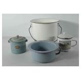 Enamelware, includes chamber pot, candle, doll