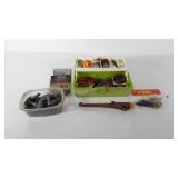 Fishing supplies, includes tackle box, weights,