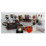 Mixed lot: Christmas candle holders, purse, glass