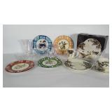 Glass / dish lot: 4 bird plates, 3 colored cut