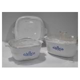 3 pieces of Corningware casserole dishes,  2 lids