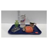 Tray of decorative items: mask, Staffordshire