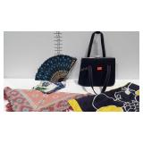 Denim cover pocketbook, two scarves, hankie, hand