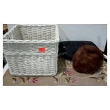 Scatter rug, fanny pack, wicker basket and a fur