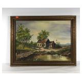 Cottage painting on canvas,  signed B. Mercer,