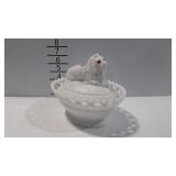 Milk glass lion covered dish