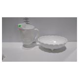 milk glass, 10in pitcher and a footed bowl 12in