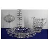 Fostoria glassware, pitcher, stemmed candy dish,