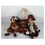 Dolls, miniatures wall shelf, doll bed and bear