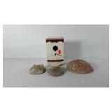 Wooden birdhouse and three seashells, 4.5" x 5.5"