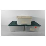 Three tucker storage totes, 6" x 13" x 15.5"