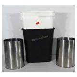 2 brushed nickel waste baskets and 3 larger poly