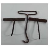 Tools, three bale hooks, two include wooden