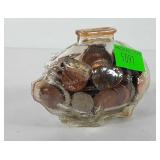 Small glass pig coin bank full of charge, 4"