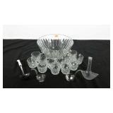 Glass punch bowl with a dozen matching cups. Also