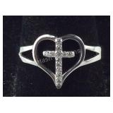 Size 9 Sterling silver cross in heart CZ ring