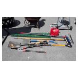 Long handled tools lot includes shovels, spade