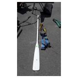 Single wooden oar and two weight belts, seller