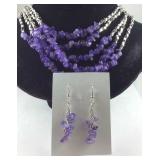 Amethyst chip earrings and 24in multi strand