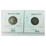 1935 Mercury dime and 1902 barber dime
