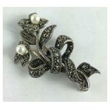 Vintage Pearl & Marcasite Flower Bosque Pin /