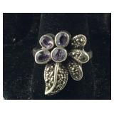 Amethyst & Marcasite Flower Ring 5.9