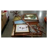 Skid lot: framed pictures, mirror and coat rack