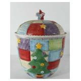 Christmas themed cookie jar with quilted pattern,