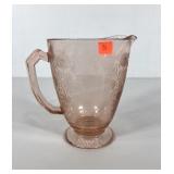 Pink Depression glass pitcher, Florentine Poppy