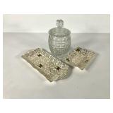 Glass footed biscuit jar and two Beswick China