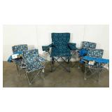 One adult and four child size camp chairs, all