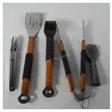 Grilling utensils, includes tongs, wire brush,