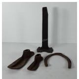 Cast iron shoe forms, horseshoe, and shoe stand,