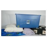 Well loved blankets / comforters and a 45 gallon