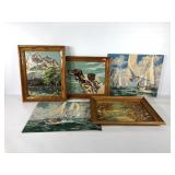 Vintage paint by number paintings, three are