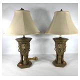 Pair of lions head design table lamps, stand 29"
