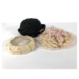 Three vintage hats and headpiece, black includes