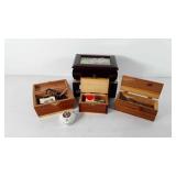 Four wooden jewelry boxes and one porcelain