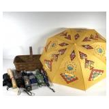 Basket full of umbrellas, eight different styles,